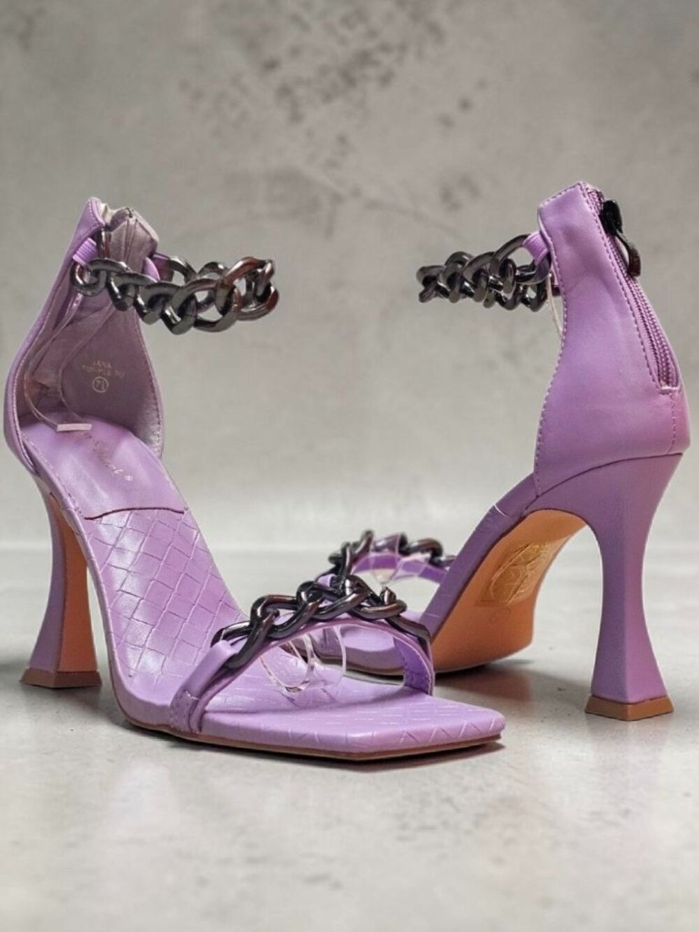 Chain-Detail Purple High Heel Sandals With Croc-Embossed Straps & Square Toe For